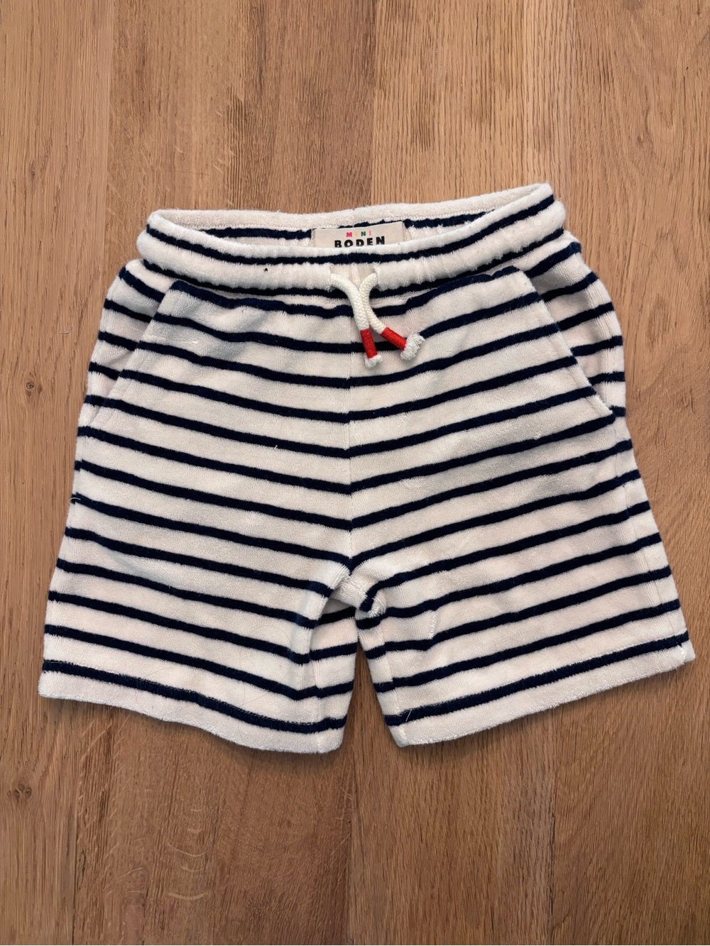 Mini Boden Navy and White Striped Terry Shark Shorts - Kids size 5Y